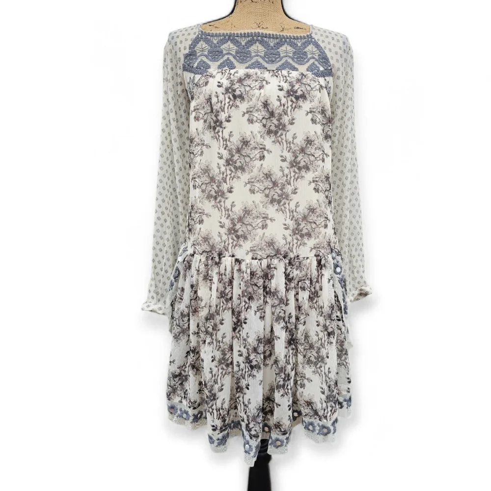 Free People Elsie Sheer Lace Boho Dress Midnight Garden Floral Mini, Size XS - Picture 3 of 10